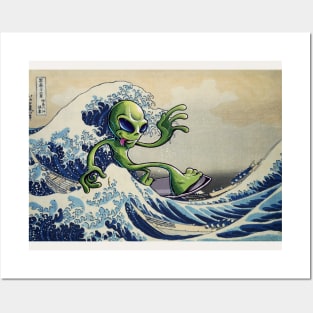 Alien surfing the Great Wave Off Kanagawa. Martian surfer. Posters and Art